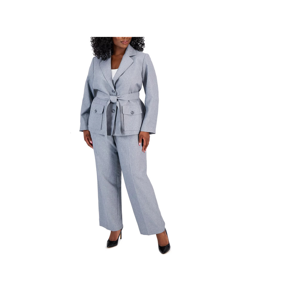 Le Suit Belted Safari Jacket Pantsuit Set Light Grey Multi Petite Size 10P